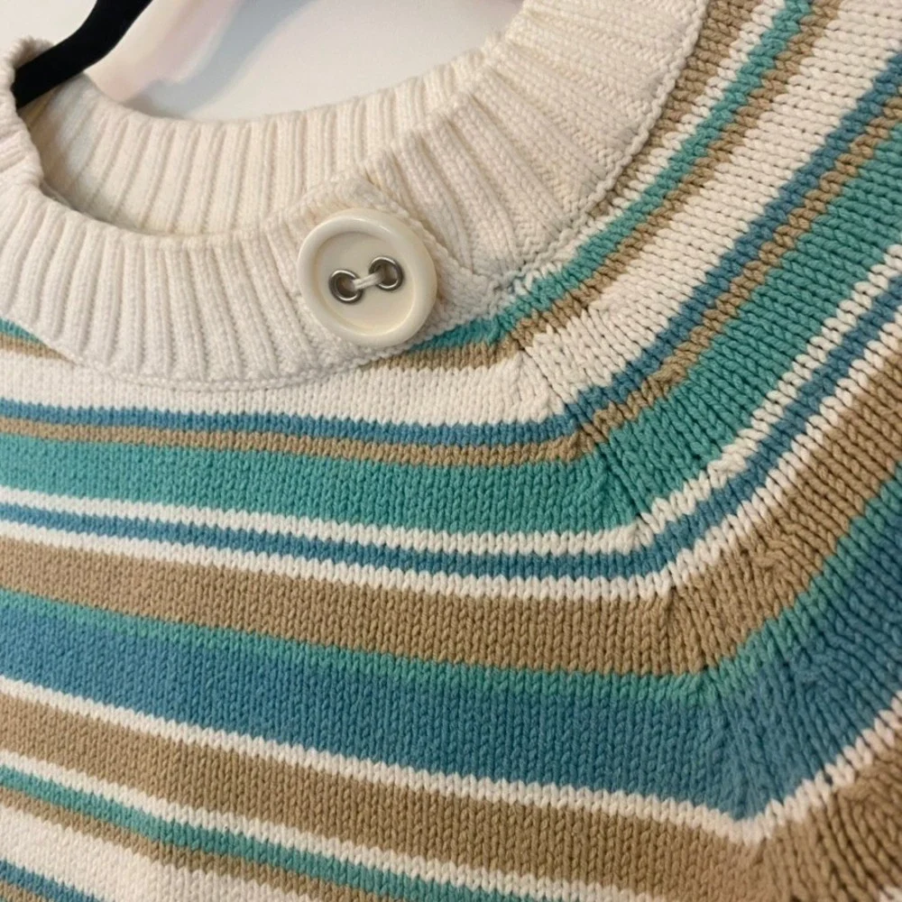 Teal‎ & Tan Striped Button Shoulder Sweater S Boho Chic Coastal Cottagecore Knit